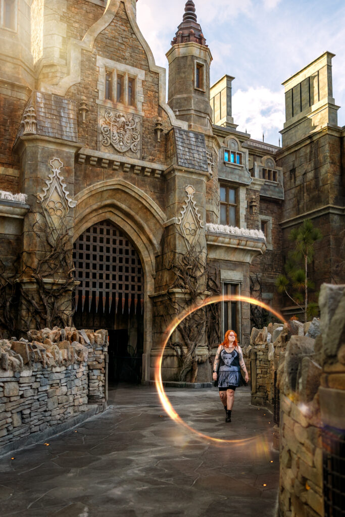 Stunning golden hour family photos at Epic Universe Universal Orlando with a Universal Studios Photographer