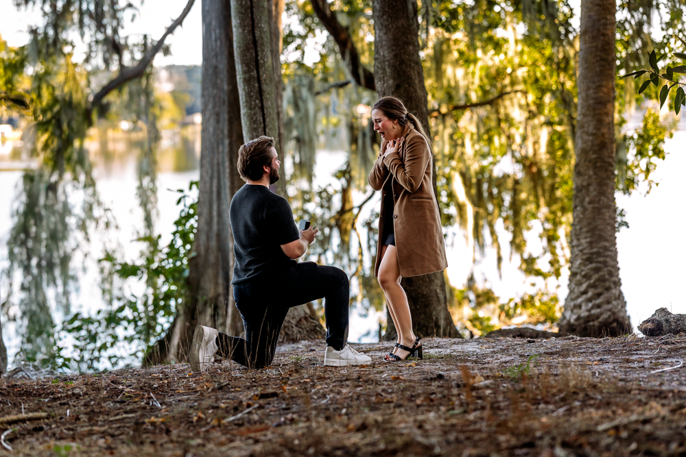 Romantic engagement portrait of Thomas and Emily embracing under oak trees at Leu Gardens Orlando by bold vibrant Orlando Florida photographer