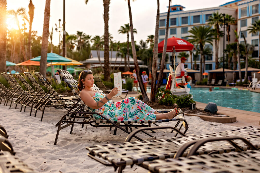 "Karli exploring the pool area and grounds at Sapphire Falls Resort, Universal Orlando – lifestyle branding content for travel agents