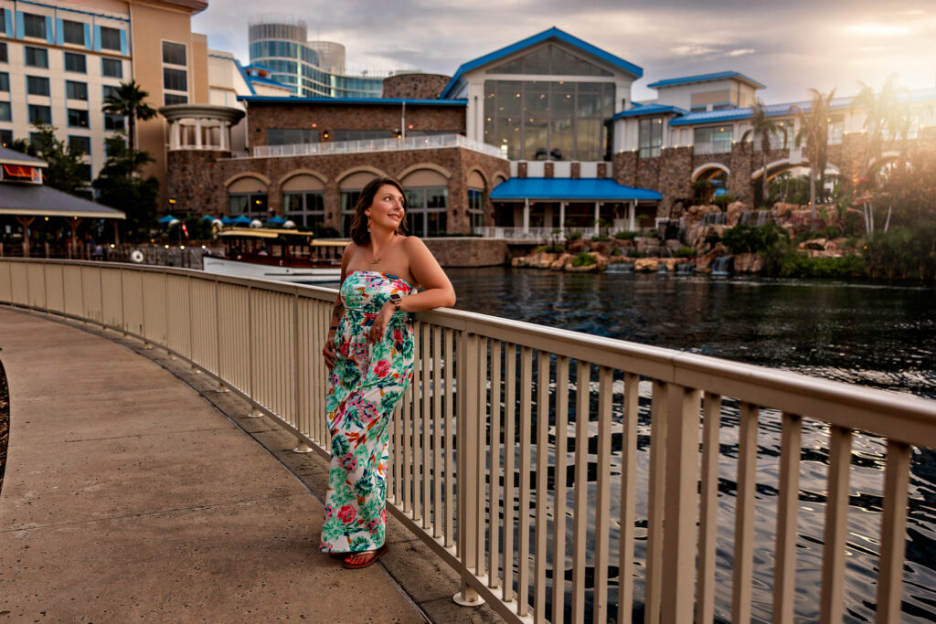 Bold colorful outfit on Karli at Aventura Hotel, Universal Orlando – modern contrast to Sapphire Falls tropical vibes