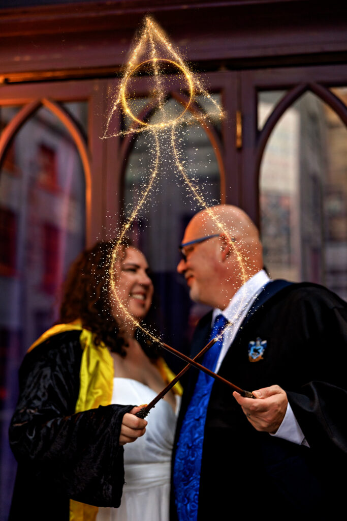 Deathly Hallows spark spell during a Wizarding World elopement