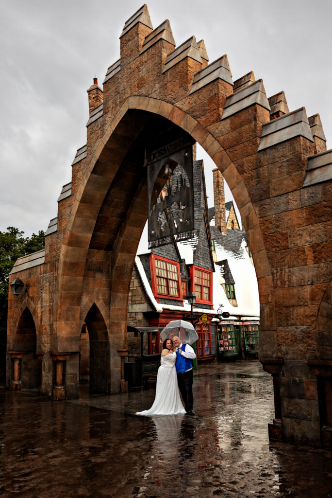 Hogsmeade village architecture on a misty elopement day