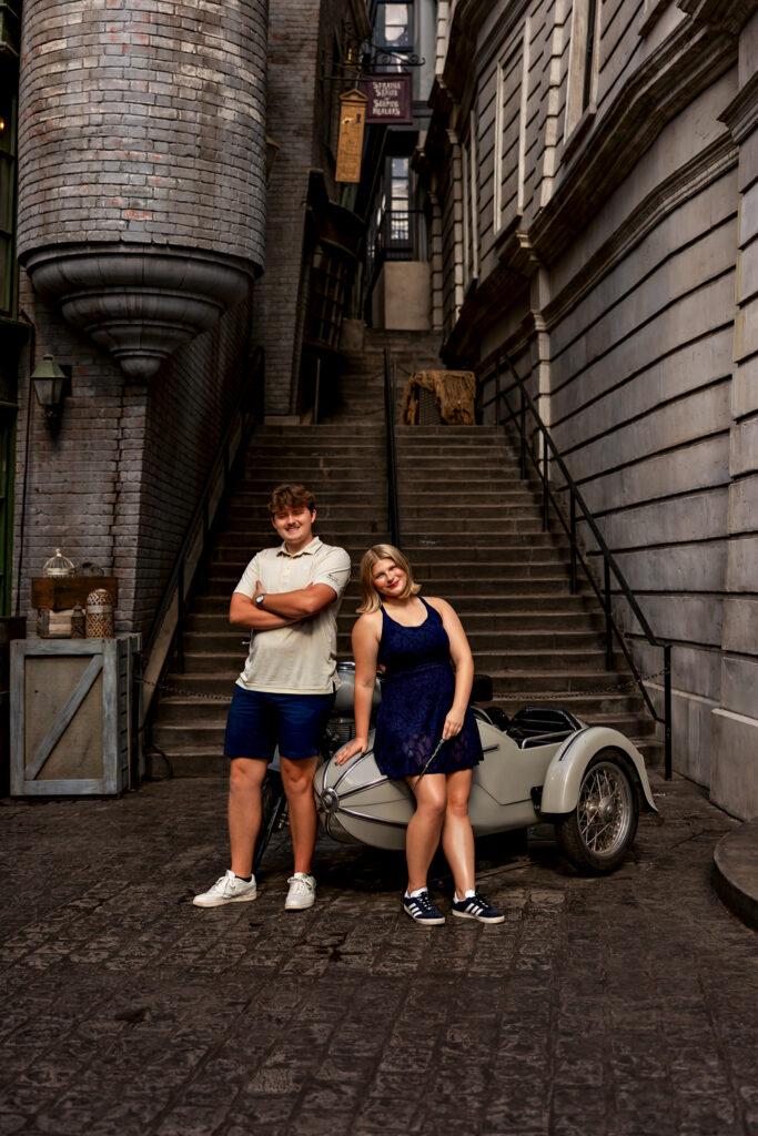 Jayda and her brother sit on Hagrid's Motorbike at Universal Orlando