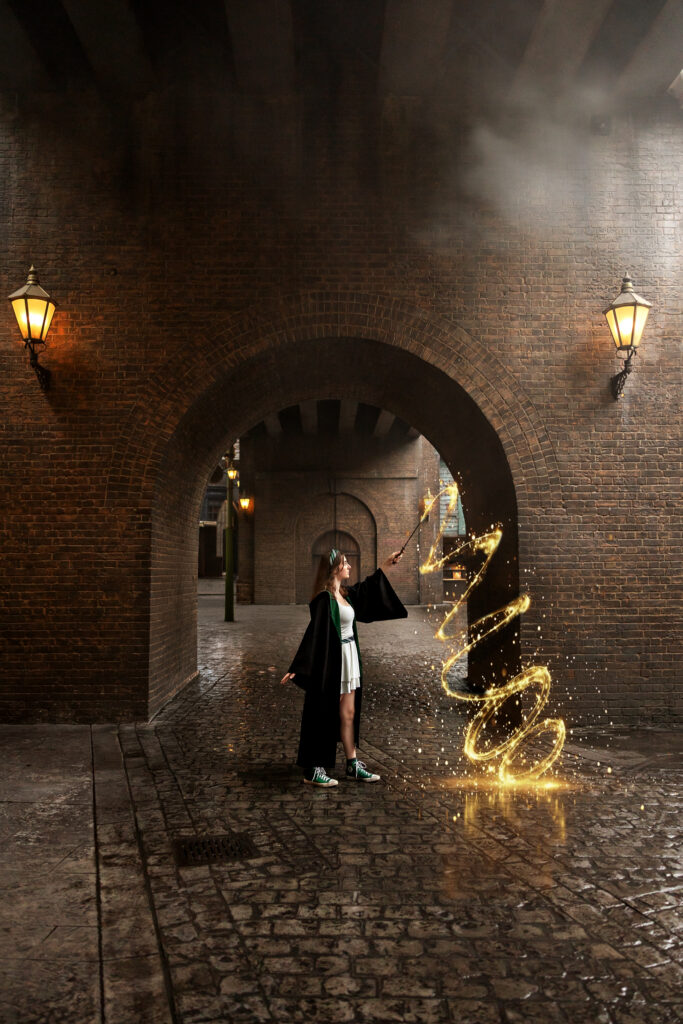 Madison casting a spell in Diagon Alley